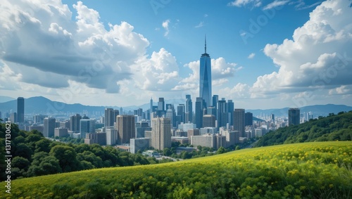 Vibrant City Skyline Surrounded by Green Fields and Dramatic Clouds in Summer