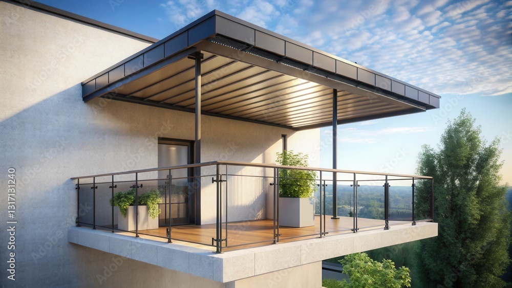 Fototapeta premium Modern Apartment Balcony with Shade Structure and Glass Railing, Offering Scenic Views