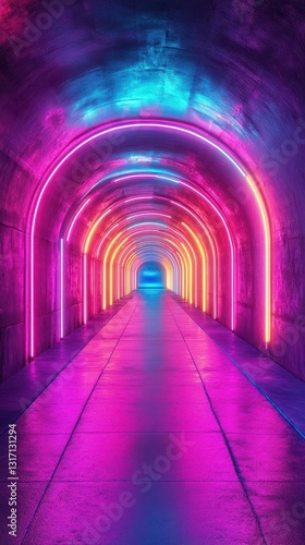 Glowing neon tunnel creates vibrant atmosphere in a modern urban space at night
