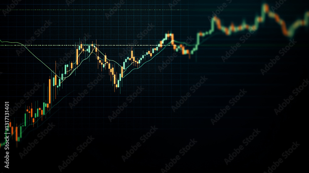 Stock Market Dynamics: A detailed view of a stock market graph, its fluctuating lines indicating market trends and financial data against a dark background. Stock Market Dynamics: A detailed view of a stock market graph, its fluctuating lines indicating market trends and financial data against a dark background.