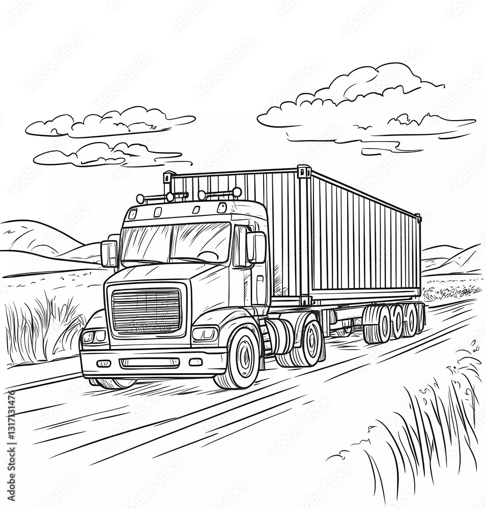 A black and white vector-style outline of an illustration for a children's coloring book, depicting a truck with a cargo container on the road in a landscape view