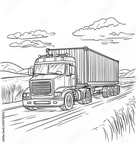 A black and white vector-style outline of an illustration for a children's coloring book, depicting a truck with a cargo container on the road in a landscape view