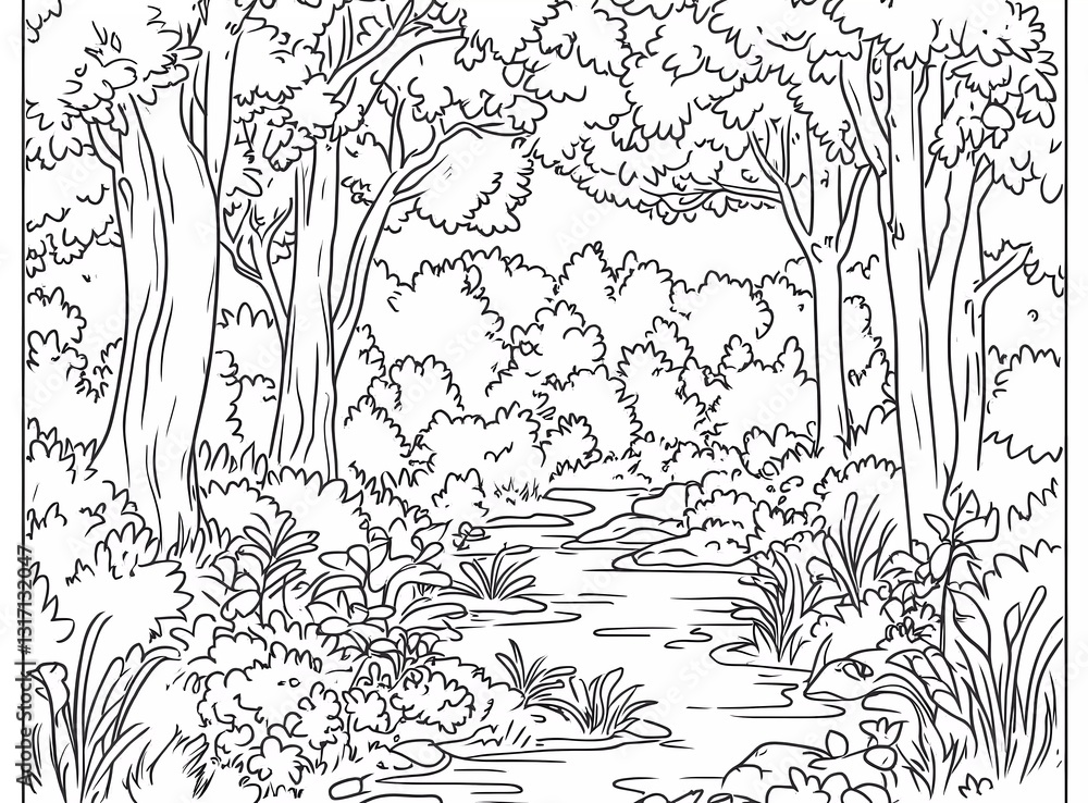 A coloring page of a forest landscape with trees, bushes, and a small brook. Black lines on a white background