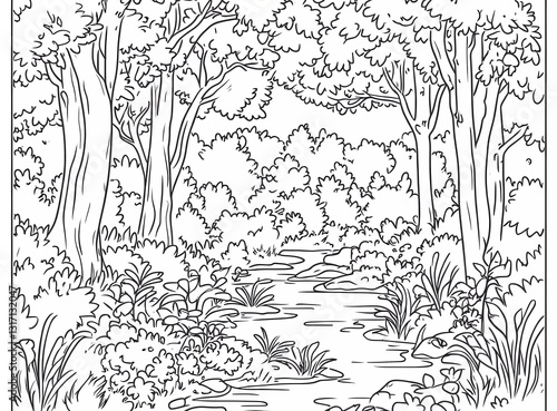Obraz na płótnie A coloring page of a forest landscape with trees, bushes, and a small brook. Black lines on a white background w salonie