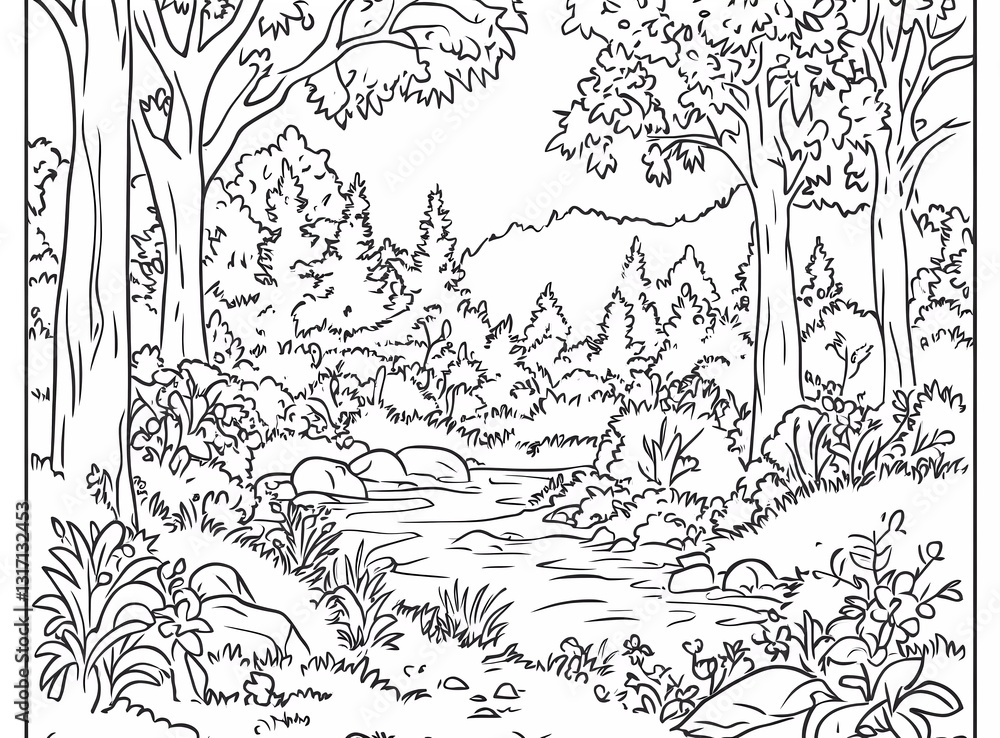 A coloring page of an open forest with tall trees and small plants, a stream flowing through the landscape, and some animals hidden in the bushes or among the rocks