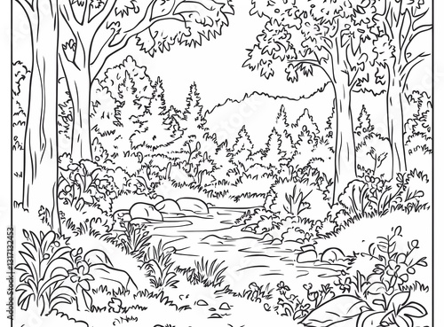 Obraz na płótnie A coloring page of an open forest with tall trees and small plants, a stream flowing through the landscape, and some animals hidden in the bushes or among the rocks w salonie