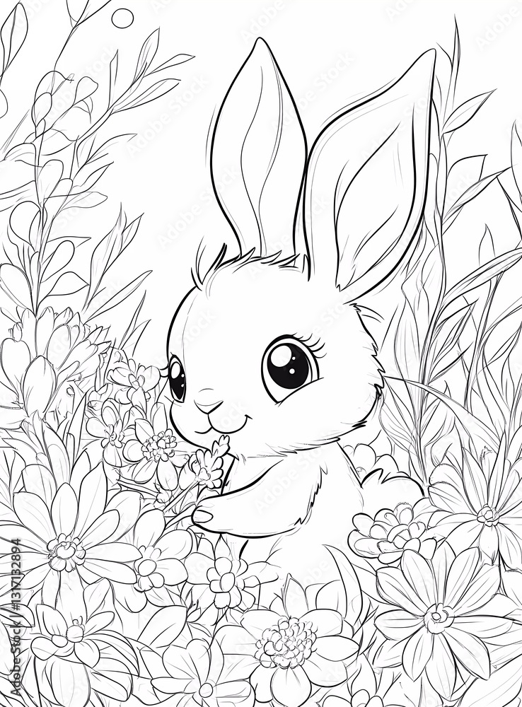 A cute cartoon bunny planting flowers, a coloring page for kids with crisp lines and a white background, a simple style in black and white.