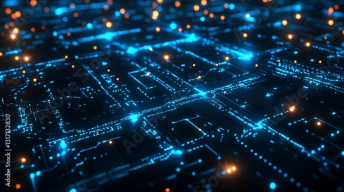 Abstract Futuristic Circuit Board Glowing Blue and Orange Lights Digital Technology Network Data Stream High Tech Innovation