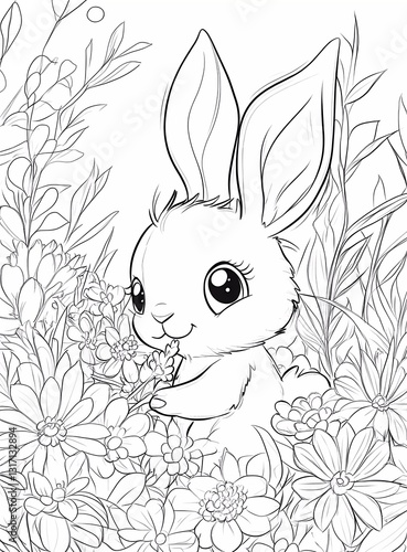 Obraz na płótnie A cute cartoon bunny planting flowers, a coloring page for kids with crisp lines and a white background, a simple style in black and white. w salonie