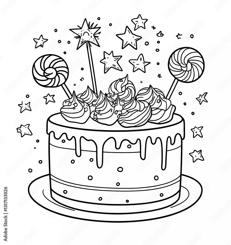 Birthday cake with lollipops and stars on top, simple line art style, coloring page for kids, thick lines, low detail, no grayscale, single-color background.