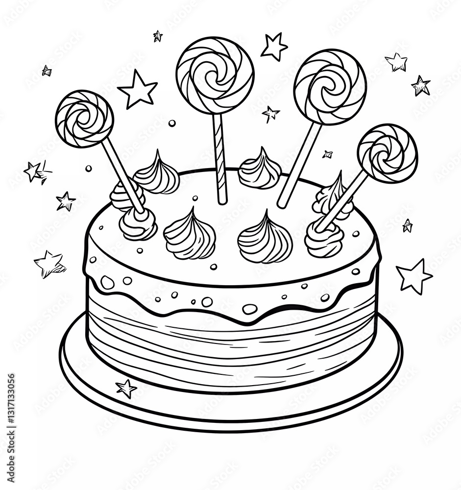 Birthday cake with lollipops and stars on top, simple line art style, coloring page for kids, thick lines, low detail, no grayscale, single-color background.