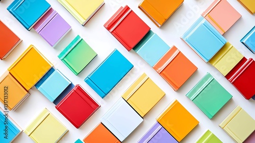 A top view of colorful books arranged on an isolated white background, creating a vibrant and creative composition.
