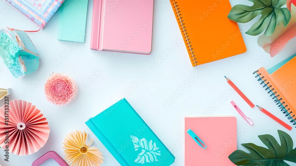 Colorful books on a white background, top view, flat lay,