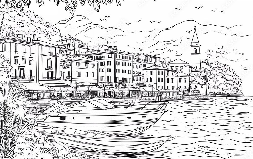 Coloring page: Beautiful view of the village by Lake Como with boats and buildings.