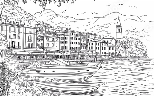 Obraz na płótnie Coloring page: Beautiful view of the village by Lake Como with boats and buildings. w salonie