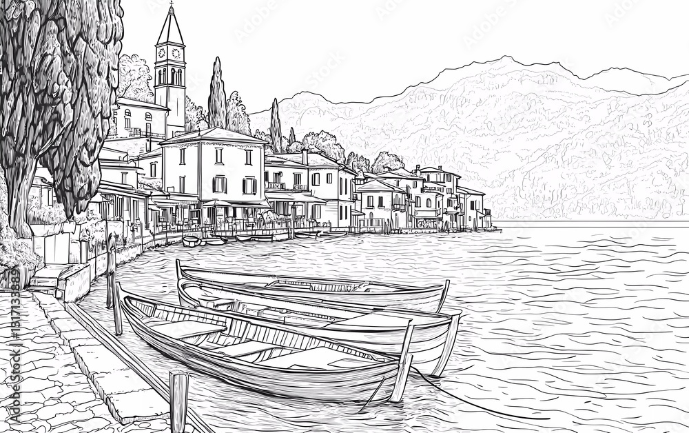 Coloring page: Beautiful view of the village by Lake Como with boats and buildings.