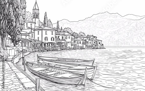 Obraz na płótnie Coloring page: Beautiful view of the village by Lake Como with boats and buildings. w salonie
