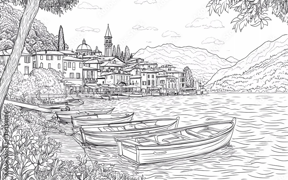 Coloring page: Beautiful view of the village by Lake Como with boats and buildings.
