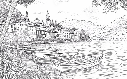 Obraz na płótnie Coloring page: Beautiful view of the village by Lake Como with boats and buildings. w salonie