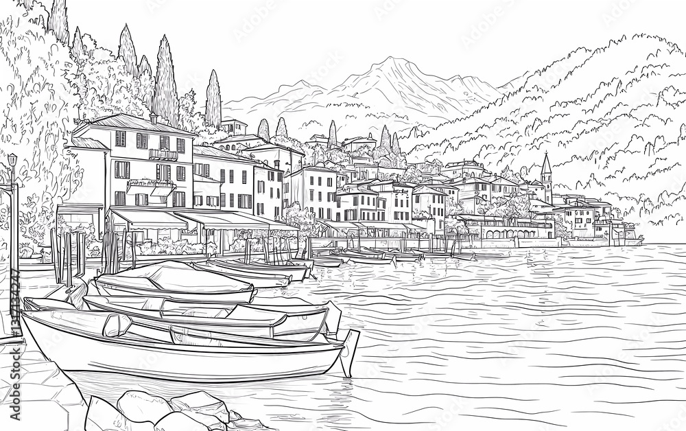 Coloring page: Beautiful view of the village on Lake Como with boats, white background, clean line art