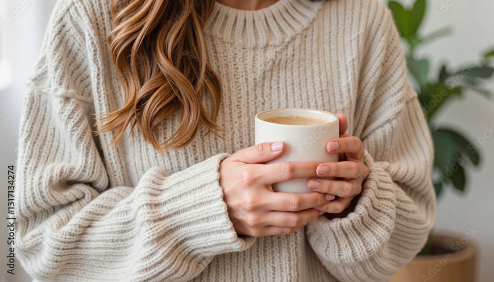 Woman holding a cup of coffee in a cozy indoor setting Woman holding a cup of coffee in a cozy indoor setting