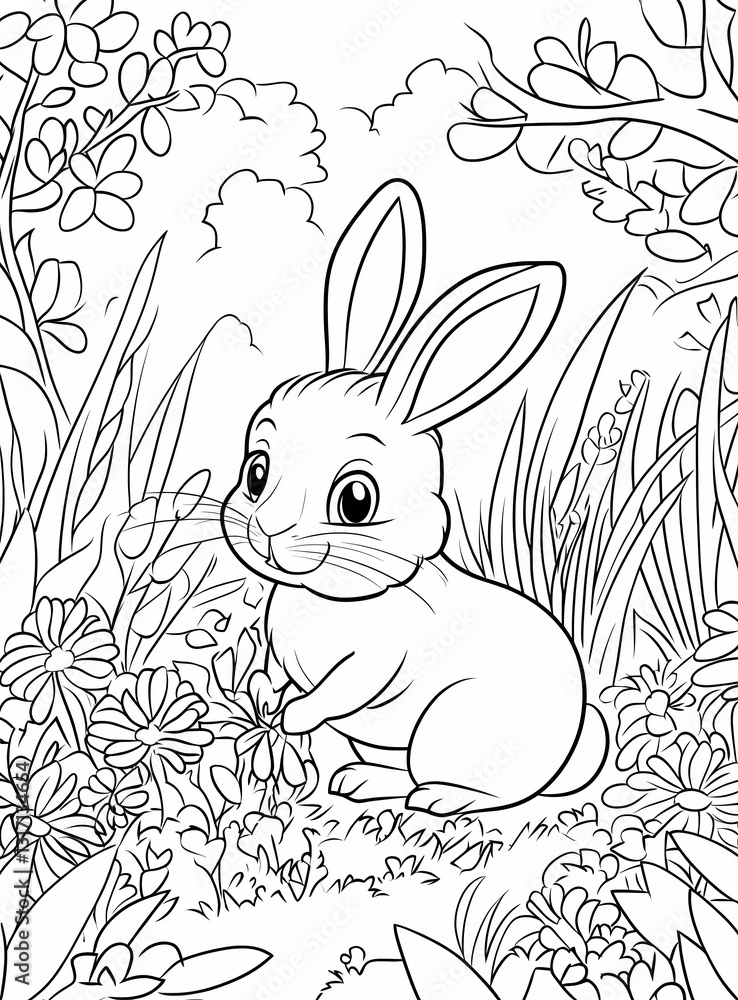 A cute cartoon bunny planting flowers, a coloring page for kids with crisp lines and a white background, a simple style in black and white.