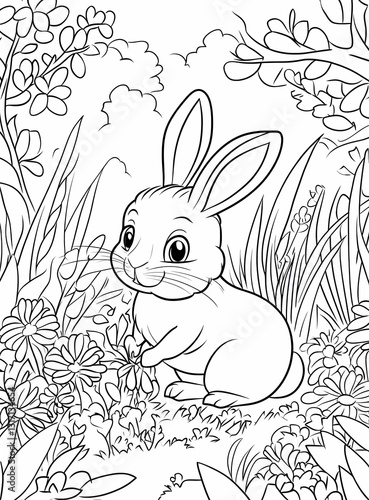 Obraz na płótnie A cute cartoon bunny planting flowers, a coloring page for kids with crisp lines and a white background, a simple style in black and white. w salonie