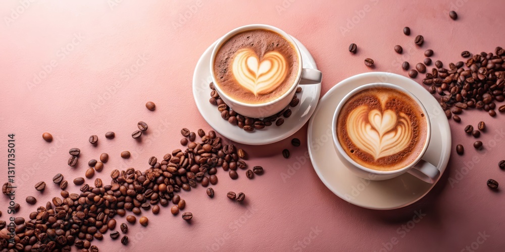 Φωτογραφία Two Cups of Latte Art Coffee with Roasted Beans on Pink Background