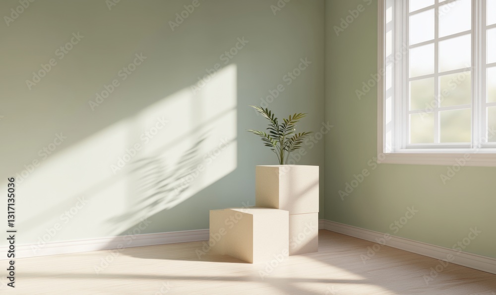 Minimalist room, plant on pedestal, sunlight, empty space for product display Minimalist room, plant on pedestal, sunlight, empty space for product display