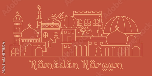 Line art drawing of mosques with monochrome color as Ramadan poster