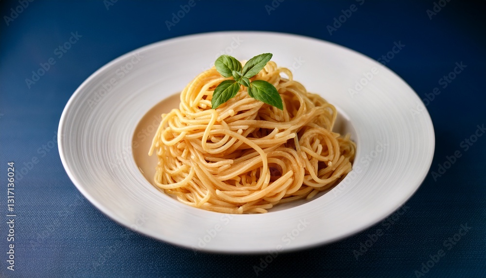 elegant presentation of freshly cooked spaghetti on a round white plate against a dark blue background for culinary photography use elegant presentation of freshly cooked spaghetti on a round white plate against a dark blue background for culinary photography use