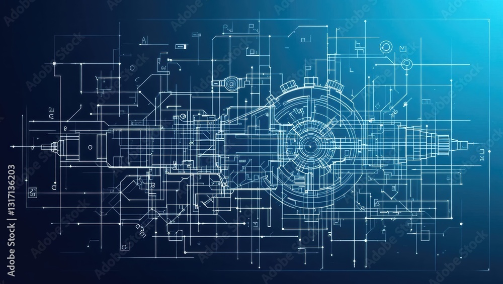 Obraz premium Abstract Geometric Technology Design with Blue Background and Complex Circuit Patterns