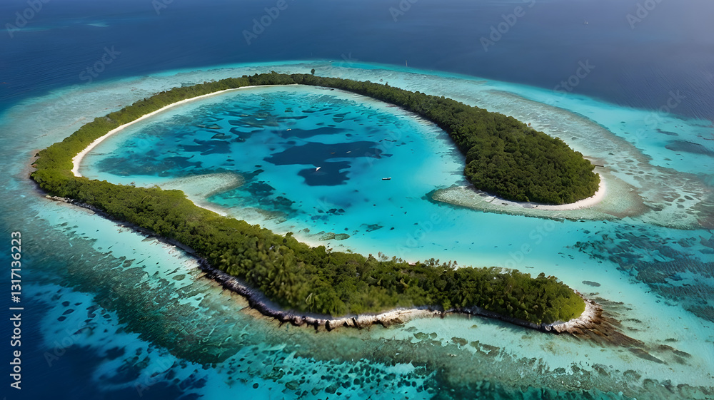 Obraz premium Island Paradise: Aerial view of a tropical island, ringed by vibrant turquoise waters. Captured from a high angle, the lush greenery contrasts beautifully with the surrounding ocean