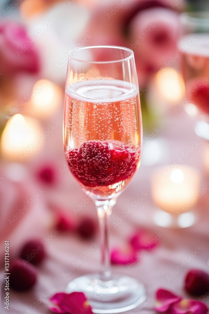 A delicate glass of sparkling wine crowned with red raspberries rests on a light pink tablecloth, surrounded by scattered rose petals A delicate glass of sparkling wine crowned with red raspberries rests on a light pink tablecloth, surrounded by scattered rose petals