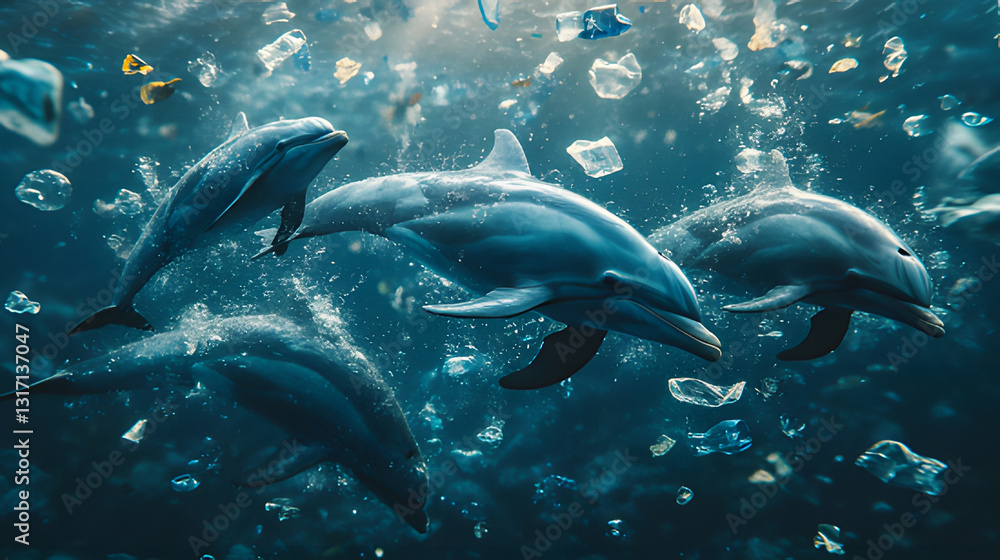 Fototapeta premium Dolphins Swimming in Polluted Ocean Water with Plastic Waste Danger