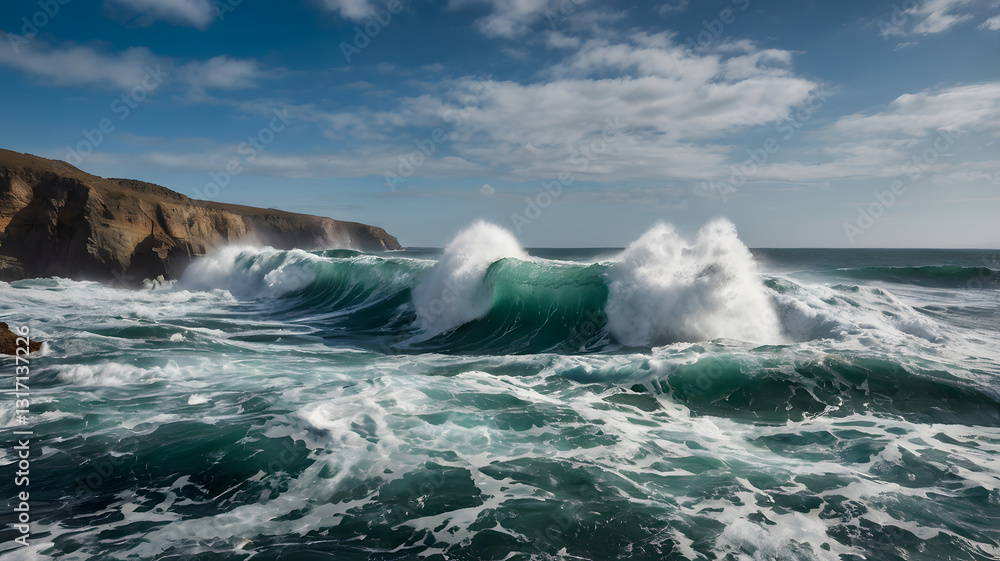 Coastal Majesty: A powerful ocean scene unfolds as waves crash against a rugged coastline under a bright blue sky, showcasing nature's raw beauty and the dynamic interplay of sea and shore. Coastal Majesty: A powerful ocean scene unfolds as waves crash against a rugged coastline under a bright blue sky, showcasing nature's raw beauty and the dynamic interplay of sea and shore.