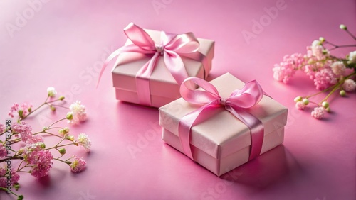 Delicate Pink Gift Boxes with Pastel Flowers on a Soft Pink Background