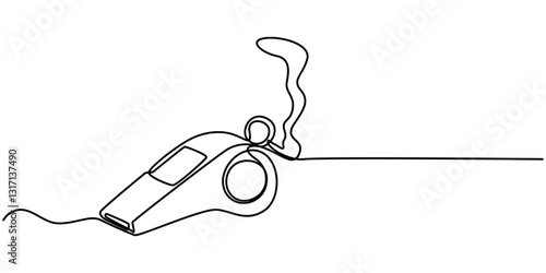Continuous one line drawing of sport whistle icon in silhouette on a white background. Linear stylized, Sports whistle one line art. Continuous line drawing of sport, coach, referee, activity, vector.