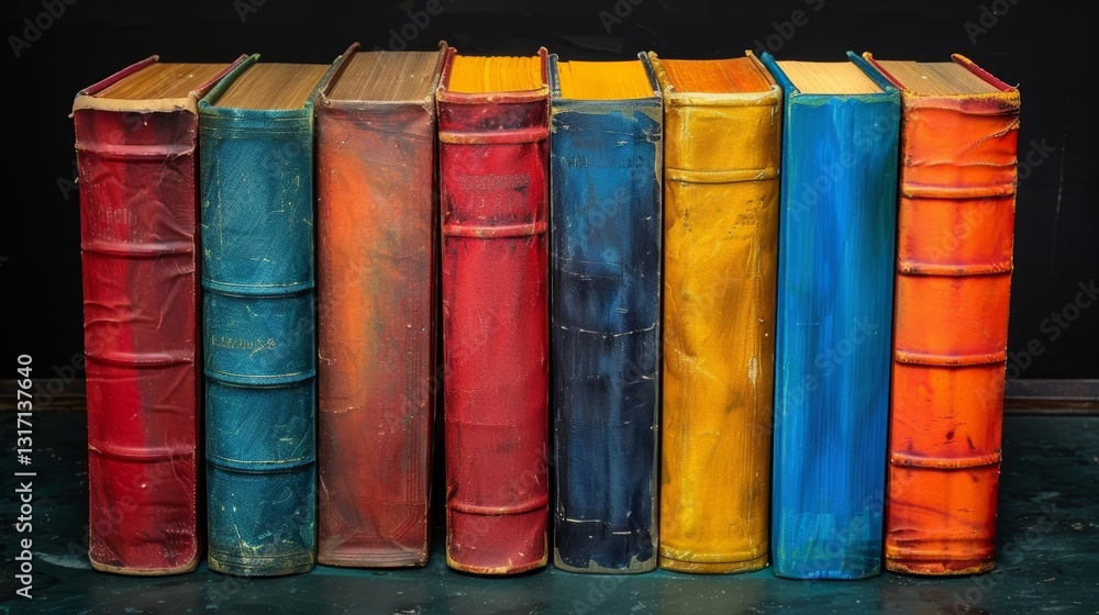 Twelve identical books with blank spines of different colours arranged neatly in a clean lines illustration Twelve identical books with blank spines of different colours arranged neatly in a clean lines illustration