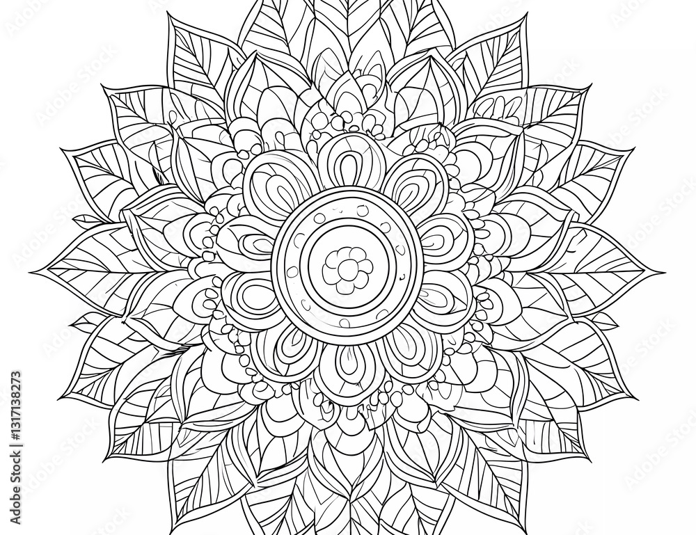 Pumpkin with leaves, mandala-style coloring page for adults, vector line art, simple details, white background,