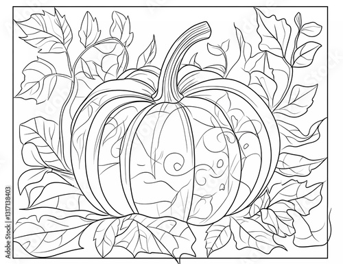 Obraz na płótnie Pumpkin with leaves, mandala-style coloring page for adults, vector line art, simple details, white background, w salonie