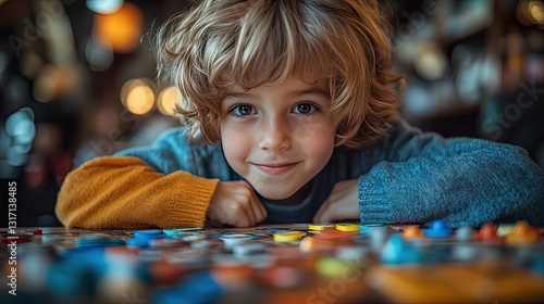 A woman with curly hair and glasses sits at a table with a young boy who is smiling and engaged in an activity.