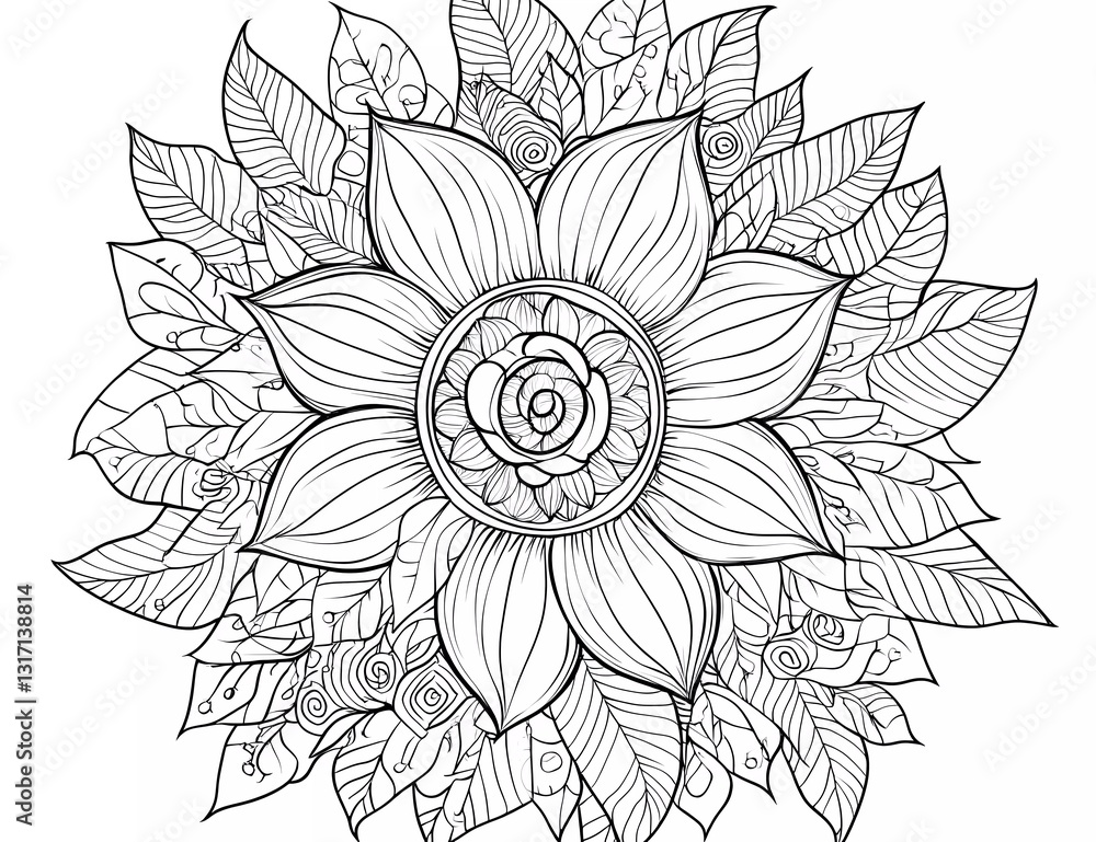 Pumpkin with leaves, mandala-style coloring page for adults, vector line art, simple details, white background,
