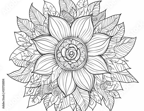 Obraz na płótnie Pumpkin with leaves, mandala-style coloring page for adults, vector line art, simple details, white background, w salonie