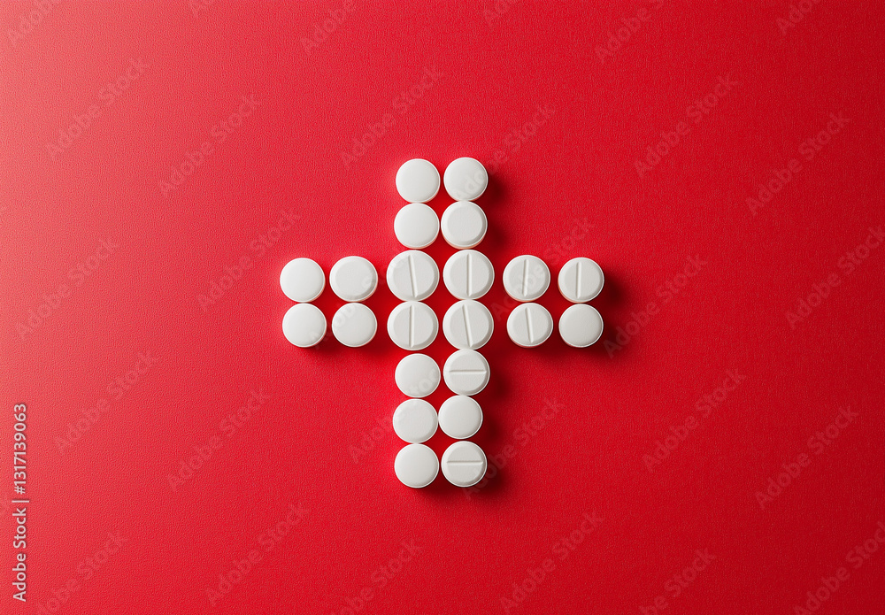 White Pills Forming a Red Cross on a Bold Background – Minimalist Medical and First Aid Concept for Healthcare and Pharmacy Designs White Pills Forming a Red Cross on a Bold Background – Minimalist Medical and First Aid Concept for Healthcare and Pharmacy Designs