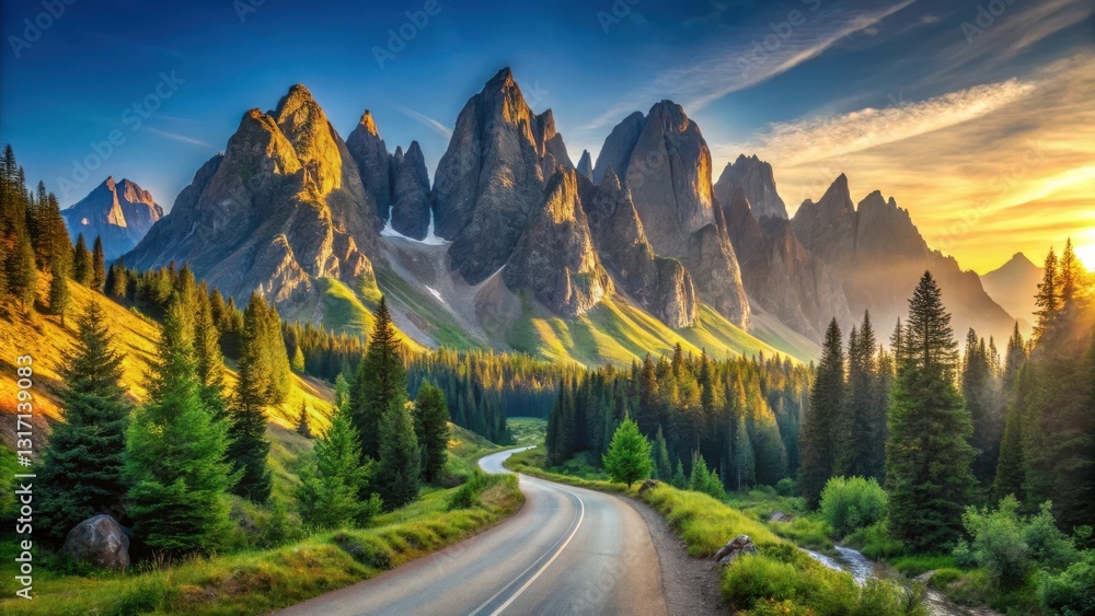 Φωτογραφία A scenic winding road meanders through a lush evergreen forest, leading towards majestic, sunlit mountain peaks at sunrise