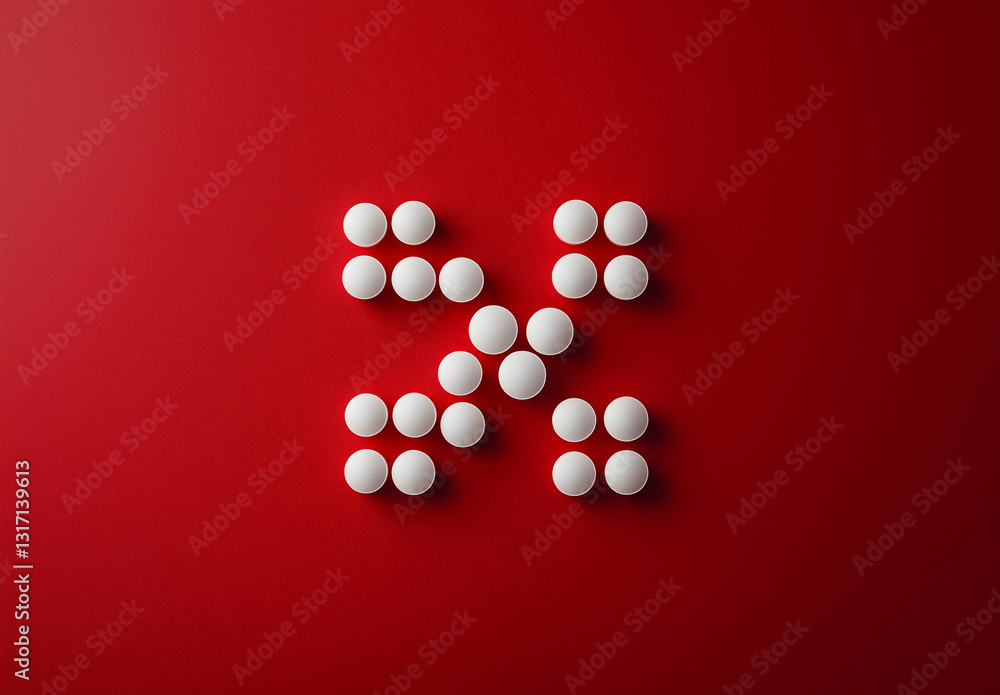 White Pills Forming a Red Cross on a Bold Background – Minimalist Medical and First Aid Concept for Healthcare and Pharmacy Designs White Pills Forming a Red Cross on a Bold Background – Minimalist Medical and First Aid Concept for Healthcare and Pharmacy Designs