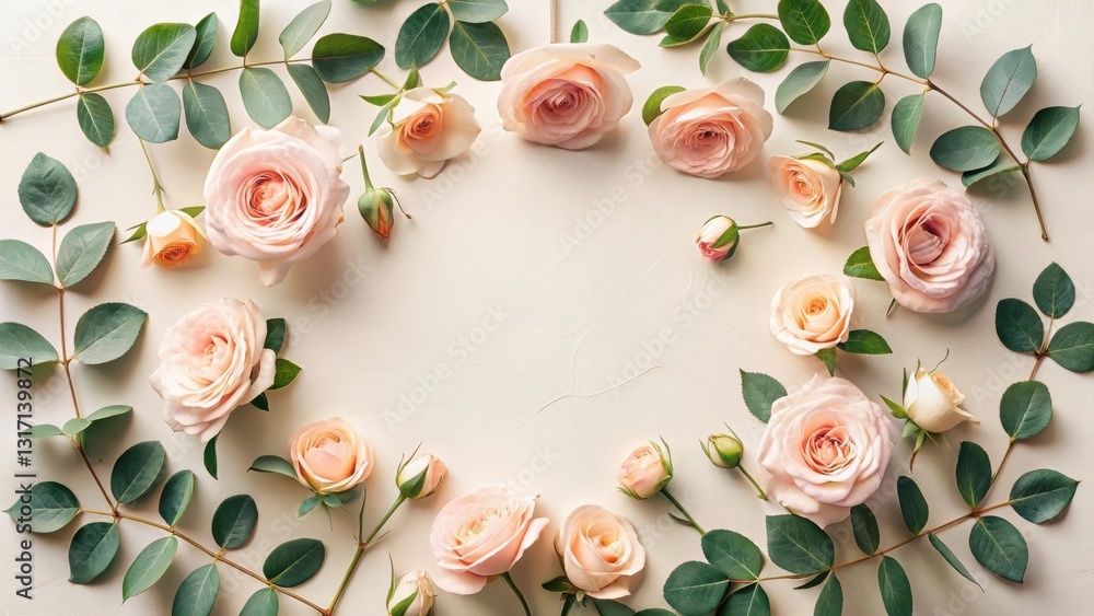 Φωτογραφία A delicate arrangement of blush pink roses and lush green foliage creates a charming floral frame, perfect for elegant invitations or romantic announcements