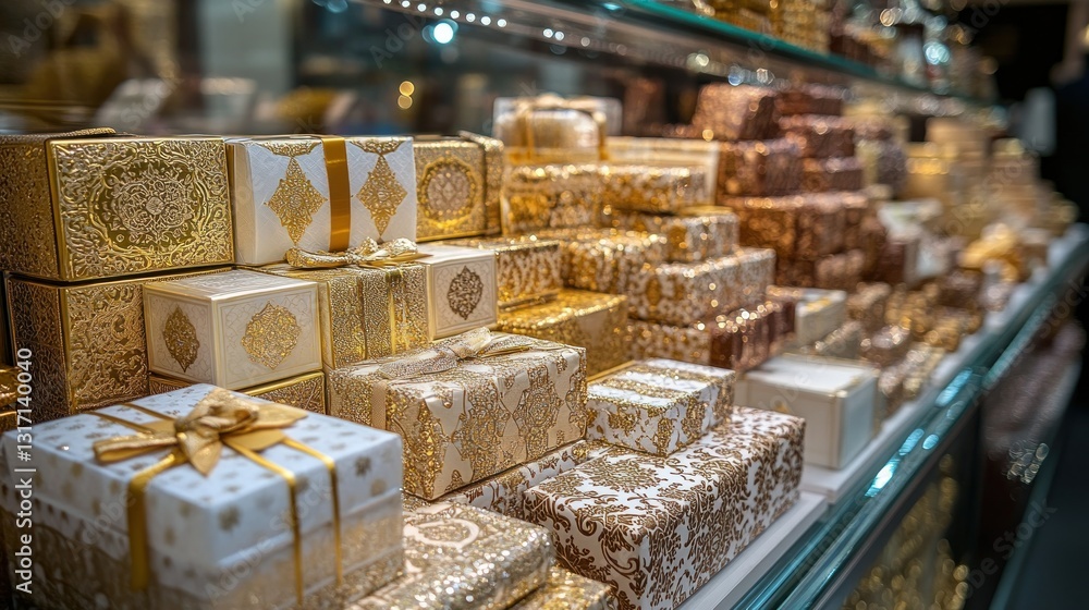 Golden gift boxes display in store Golden gift boxes display in store