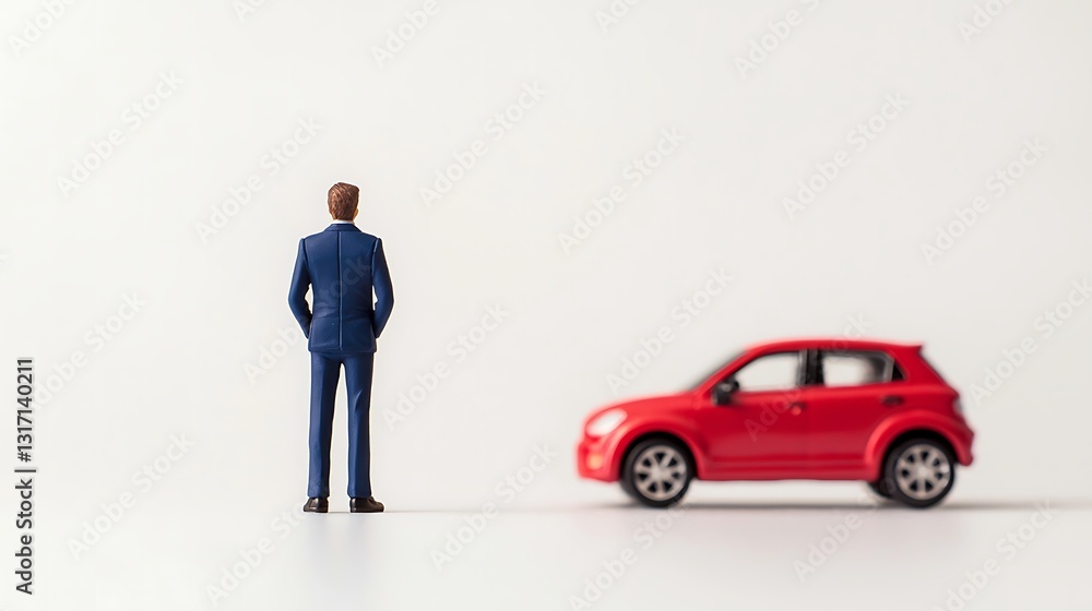 A miniature figure in a suit stands beside a small red car against a minimalist background, emphasizing perspective and scale. A miniature figure in a suit stands beside a small red car against a minimalist background, emphasizing perspective and scale.